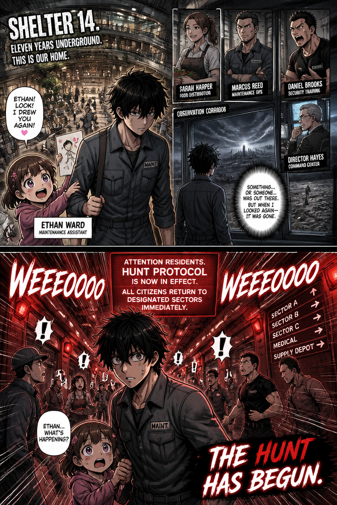 Episode 1 — Another Day Underground
Summary
For eleven years, Shelter 14 has been humanity's sanctuary beneath the earth.
Deep underground, life continues with surprising normalcy. Children play in the central plaza, workers report to their shifts, families gather for meals, and residents go about their daily routines believing their shelter will protect them from the horrors of the surface.
Among them is Ethan Ward, a quiet maintenance assistant who spends his days repairing the aging infrastructure that keeps the shelter alive. His closest companion is Lily Harper, a cheerful six-year-old girl who follows him around the shelter and constantly drags him into conversations he never asks for.
Meanwhile, Lily's mother Sarah Harper works in food distribution, Marcus Reed oversees maintenance operations, Daniel Brooks trains new security recruits, and Director Hayes monitors the shelter's systems from the command center.
To most residents, today feels like any other day.
But subtle signs suggest otherwise.
While performing his routine tasks, Ethan passes through the Observation Corridor, where the outside world can be seen beyond reinforced glass. For only a brief moment, something appears in the distance—a silhouette standing motionless far beyond the shelter.
By the time Ethan looks again, it is gone.
The feeling lingers.
As evening settles over Shelter 14, families gather, workers finish their shifts, and the shelter's warm lights create an illusion of safety.
Then everything changes.
Without warning, emergency sirens erupt throughout the shelter.
Red warning lights flood every corridor.
Conversations stop.
Children freeze.
Workers look up.
The familiar announcement echoes through the shelter:
"ATTENTION RESIDENTS. HUNT PROTOCOL IS NOW IN EFFECT. ALL CITIZENS RETURN TO DESIGNATED SECTORS IMMEDIATELY."
For most residents, it is just another Hunt.
A dangerous night they have survived many times before.
But for Ethan, Lily, and everyone inside Shelter 14...
it will be their last normal day.
Episode Theme
Safety is often an illusion.
Ending Hook
The Hunt has begun.