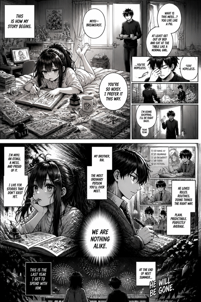 A story of two siblings narrated by the younger sister Miyu, a lazy otaku who loves spending her days drawing. The story begins with her drawing in bed while lying down, her room completely messy. Her brother Rai arrives soon after, bringing her breakfast. He complains about the mess and that she should at least get out of bed and have breakfast at the table like a normal girl. She says he's noisy and that she prefers it this way. He sighs and starts tidying his room, then says he's going shopping and will be right back. She narrates the story, talking about how her brother is an extremely ordinary person who loves following rules and routines, and that they are nothing alike. She also revealed that this was the last year she would spend with him, as he would pass away at the end of the following summer.