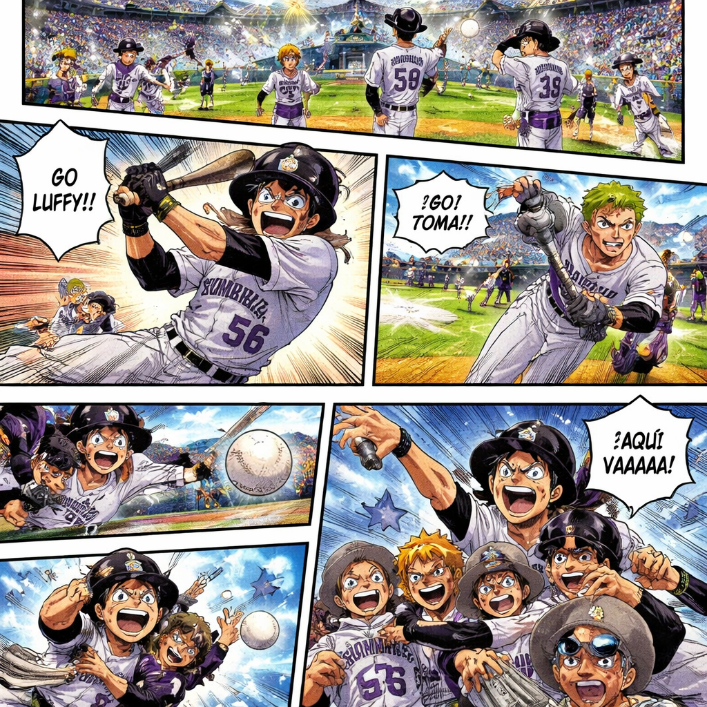 “Quiero un manga de 5 paneles ambientado en un torneo de béisbol en Denver. En el primer panel, se ve el estadio lleno, con el equipo de los Sombreros de Paja en el campo, vistiendo las camisetas de los Rockies. En el segundo panel, Luffy está bateando con toda su energía, y Zoro lo acompaña en la base. En el tercer panel, Nami lanza una bola perfecta desde el campo corto. En el cuarto, Usopp lanza un gran out desde el jardín derecho. Y en el quinto panel, todos celebran abrazados, con las luces del estadio brillando detrás”