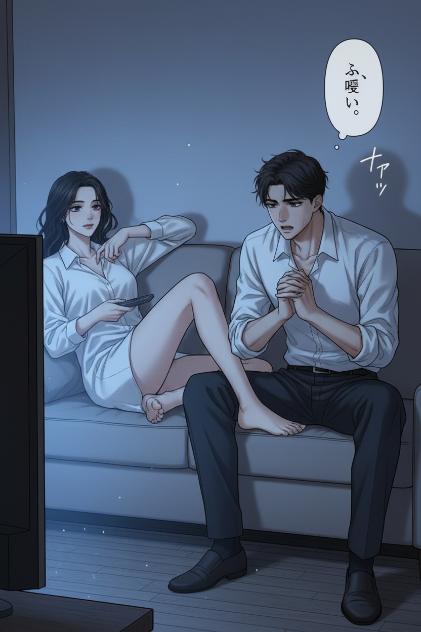 ONE SINGLE PANEL
Late-night hotel sofa.
Only the television illuminates the room softly with flickering blue light.
Sandrine lies stretched comfortably across the sofa in an oversized white shirt, watching a film with complete calm.
One bare foot rests lightly in the lap of a man sitting beside her, fully clothed and visibly trying to remain composed.
Without even looking away from the television, she slowly curls her toes slightly against him.
The man’s breathing and posture immediately change.
Sandrine notices the reaction from the corner of her eye with the faintest private smile.
The atmosphere feels domestic, intimate, teasing, and emotionally suspended.