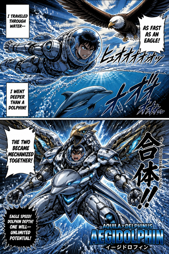 A space man travelled through water and went as fast as an eagle. He also went deeper than a dolphin. The two became mechanized together.