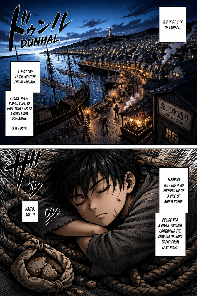 A full two-page spread. The port city of Dunhal from above—the sky is still a dark blue, the stars almost gone. Oil lamps along the docks cast a faint orange line of light stretching out to sea. Large ships are moored, their sails folded. The city hasn't woken up yet—but the docks are already alive: a few porters are already moving, and smoke from cheap food stalls is beginning to rise from the corners of the alleys. Dunhal. A port city at the western end of Umigawa. A place where people come to make money, or to escape from something. Often both.
A close-up of 11-year-old Kaito, sleeping with his head propped up on a pile of ship's ropes. His hair is disheveled, and there's a small scar on his chin. His expression is calm—not a peaceful calm, but a calm accustomed to sleeping anywhere. Beside him is a small package containing the remains of hard bread from last night.