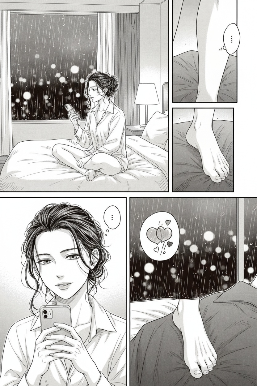 ONE SINGLE PANEL
Quiet rainy evening hotel room.
Soft amber bedside light reflecting against the window while distant city lights blur in the rain outside.
Sandrine sits comfortably cross-legged near the center of the bed in an oversized white shirt, relaxed after a long conversation.
One bare foot extends slowly toward the camera, resting lightly against the viewer’s chest as though testing his reaction.
Her toes flex absentmindedly against the fabric of his shirt.
She watches him carefully over the edge of her phone with a calm, faintly amused expression — fully aware of the immediate effect she has on him.
The atmosphere feels intimate, teasing, emotionally close, and psychologically charged rather than overtly sexual.
NO explicit sexuality
NO nudity
NO explicit anatomy
NO fetish exaggeration