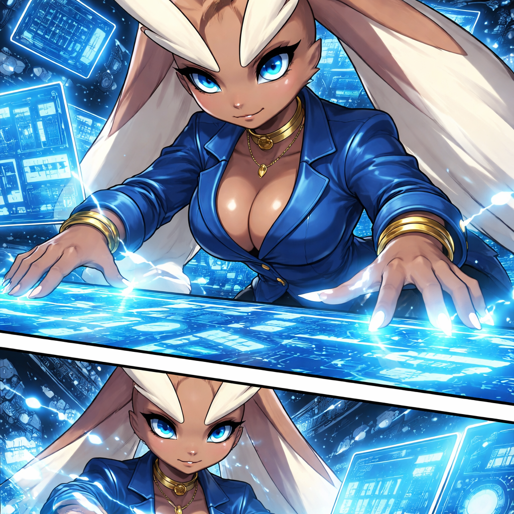 Sci-fi anime illustration of lopunny controlling a holographic console, glowing blue interfaces, cool color palette, futuristic lab setting, thoughtful expression