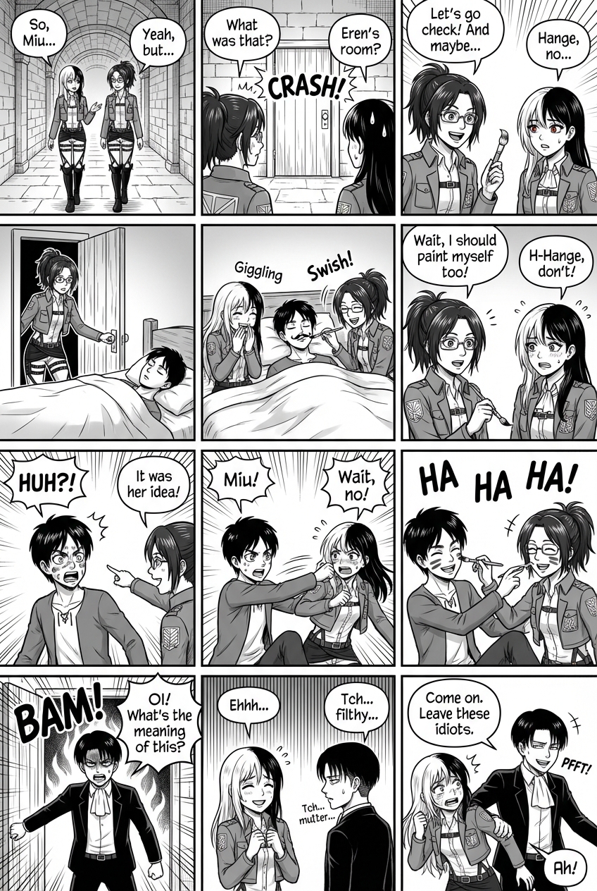 Miu has two-tone long hair, one side white and the other black. Hange has brown hair in a ponytail and Hange have glass. Eren has short brown hair and Levi has short black hair.
Miu and Hange are walking down the hall and talking. They hear a commotion coming from Eren's room and decide to paint him. They open his door. They sit on Eren's bed and paint Eren's face. Miu and Hange laugh.
Hange suddenly sees Eren waking up and decides to paint himself too. Miu stares at Hange nervously.Because Hange Betrayed Miu When Eren wakes up, he looks surprised. Hange points at Miu and Eren catches Miu and Hange paints Miu.even though Miu protests
They laugh so hard that Levi bursts into the room with his typical angry expression and starts muttering something. Miu looks at Levi nervously and tries to smile. And say nervously ,,ehhh." Levi looks away and starts laughing in room. Then he grabs Miu's hand and pulls Levis room. When they are alone, Miu watches him nervously. And Levi laughs at her.