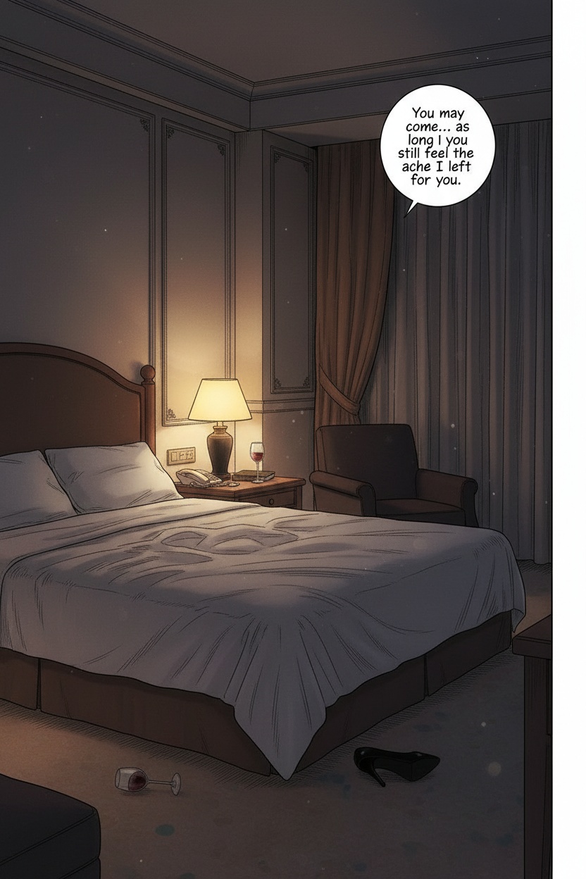 ONE SINGLE PANEL
Quiet late-night hotel room after she has already left.
Only a single bedside lamp remains on beside tangled sheets and the lingering disarray of the weekend.
The room is empty except for the faint impression of Sandrine’s presence still everywhere: her abandoned wine glass, one forgotten heel near the chair, the subtle indentation she left in the bed.
The scene feels emotionally suspended between absence and continued possession.
Her voice is implied more than heard — intimate, calm, and quietly authoritative, as though replayed from memory inside the viewer’s mind.
The atmosphere feels psychologically consuming, intimate, and deeply private.
NO explicit violence
NO explicit anatomy
NO graphic sexuality
ONE speech bubble only. She says:
“You may come… as long as you still feel the ache I left for you.”