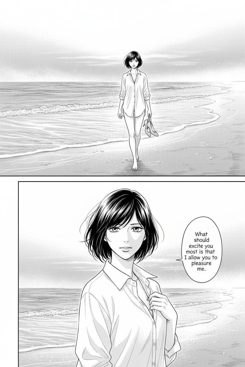 ONE SINGLE PANEL
Quiet deserted beach at dusk.
Soft ocean mist drifts through the fading blue-grey light while waves roll slowly onto the sand.
Sandrine walks barefoot along the shoreline in an oversized white linen shirt, her heels dangling loosely from one hand.
Her short dark bob moves lightly in the sea breeze while the wet sand reflects the last traces of evening light beneath her feet.
She turns her head toward the viewer mid-step with calm affection and quiet authority, expression thoughtful and deeply certain.
The atmosphere feels intimate, emotionally consuming, and psychologically overwhelming through tenderness rather than force.
NO explicit anatomy
NO explicit sexuality
NO graphic nudity
ONE speech bubble only. She says:
“What should excite you most is that I allow you to pleasure me.”