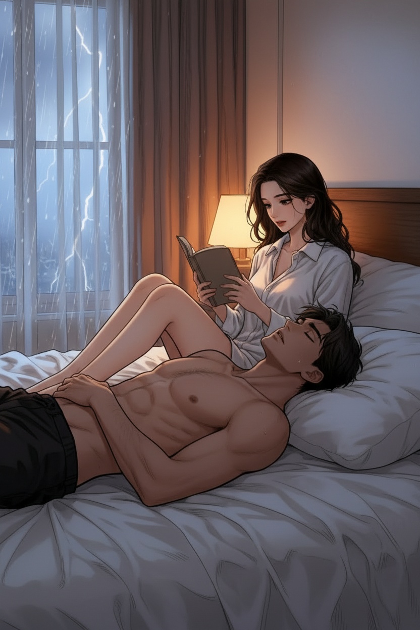 ONE SINGLE PANEL
Late-night hotel bedroom during a thunderstorm.
Rain and distant lightning softly illuminate the curtains.
Sandrine sits near the headboard reading quietly, oversized white shirt slipping slightly from one shoulder.
The man lies beside her with his head resting near her thigh, emotionally calm after a long evening together.
Without interrupting her reading, Sandrine slowly rests the sole of her bare foot against the side of his neck and jaw in a gentle, possessive gesture.
He immediately closes his eyes at the contact.
She continues reading for another moment before finally glancing down at him with calm affection.