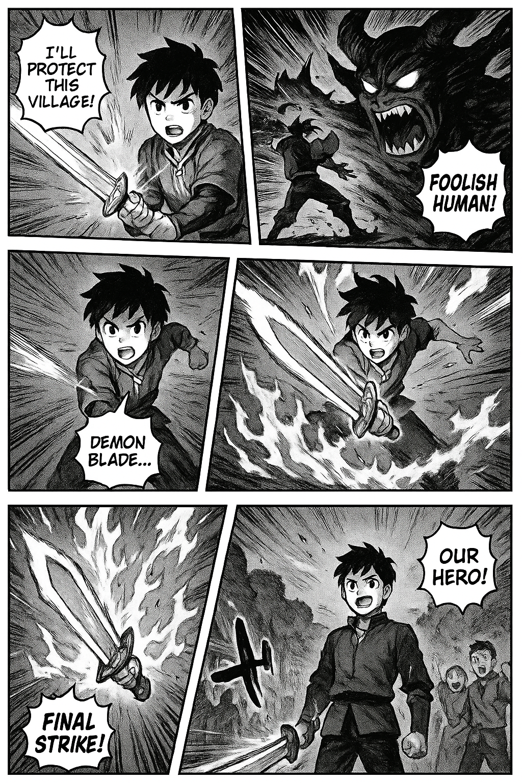 "Demon Blade Chronicles"
Panel 1:
Young hero holds a glowing sword, facing a large demon.
Hero: "I'll protect this village!"
Panel 2:
Demon attacks with dark energy blast.
Demon: "Foolish human!"
Panel 3:
Hero dodges and jumps high.
Hero: "Demon Blade... awaken!"
Panel 4:
Sword transforms, growing bigger with flame effects.
Panel 5:
Hero slashes downward with massive energy strike.
Hero: "Final Strike!"
Panel 6:
Demon defeated, disappearing. Hero stands victorious as villagers cheer in background.
Villagers: "Our hero!"