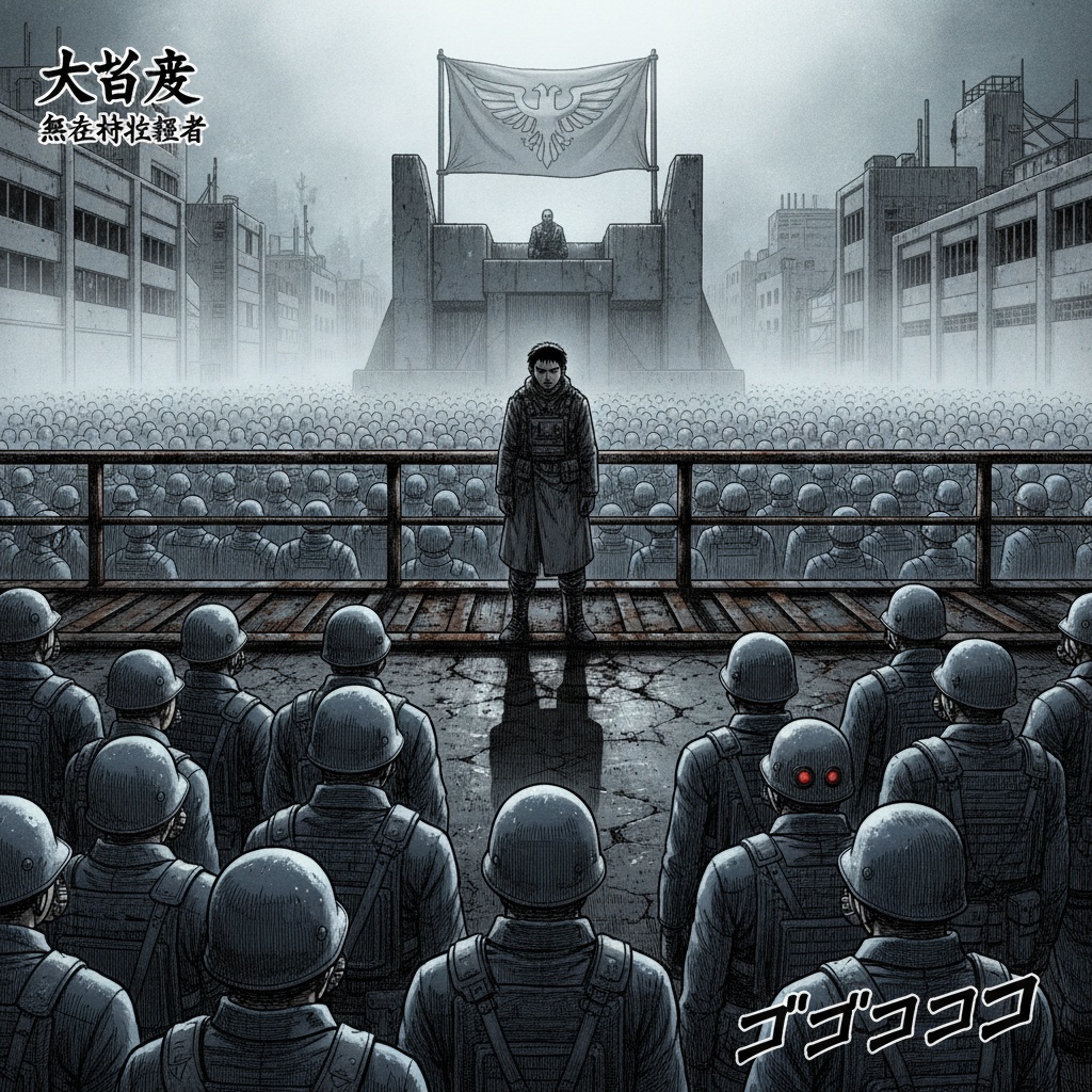 A young man name Ousugi Sakae (an anarchist) looks out over a crowd of fascists facing away listening to a leader speak (generic Imperial Eagle  imagery) High, distant wide shot: protagonist small; world/crowd huge. Power imbalance. Telephoto compression Backlit silhouettes / blown-out sky Long, hard shadows at ground level: predators’ viewpoint. “Manga page with a grounded, paramilitary neo-noir style: realistic anatomy, weighty tactical gear (steel plates, cloth straps, gas masks, red-lensed goggles), late-1950s/’60s industrial city backdrop—concrete, rebar, rusted rail lines—night rain and fog, low-key lighting, desaturated blues/grays, cinematic 35mm framing, hard shadows, subtle film grain, crisp fine linework, dense hatching, high-contrast screentones, reserved facial expressions, somber atmosphere. Original characters only.”