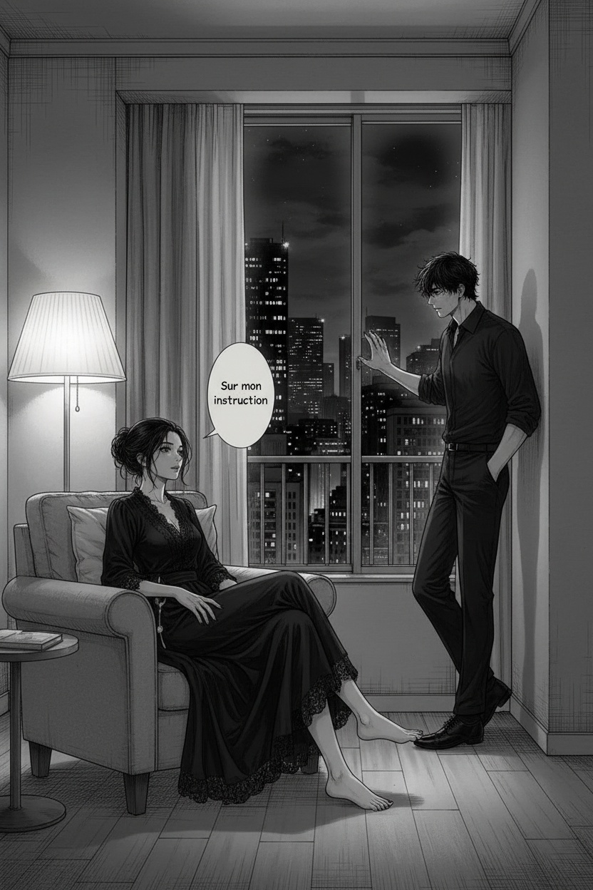 seinen manga style, black and white, soft grayscale shading, cinematic lighting
ONE SINGLE PANEL ONLY
quiet late-night apartment interior, soft ambient lighting from a floor lamp and city lights through a window
a composed elegant woman sitting comfortably in a chair, barefoot, relaxed but attentive posture
one leg folded beneath her, the other extended slightly forward, her bare foot softly illuminated by the warm light
she is looking directly at a man standing a few steps away from her
the man is fully clothed, visibly tense but controlled, one hand resting lightly against a table or wall for composure
his posture suggests restrained arousal and complete attention toward her
the woman’s expression calm, knowing, quietly authoritative, not exaggerated
strong psychological tension through eye contact and body language
NO explicit sexual acts
NO nudity
NO explicit anatomy
focus on anticipation, restraint, emotional intimacy, and subtle control
ONE speech bubble only:
“Sur mon instruction”