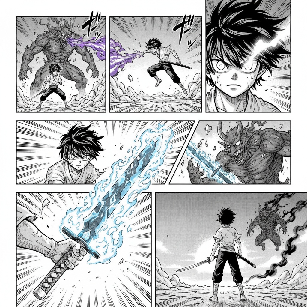 Panel 1:
Young spiky-haired boy holding a katana facing a giant red demon
Panel 2:
The demon shooting purple fire at the boy who is jumping away
Panel 3:
Close-up of the boy's determined face with glowing eyes
Panel 4:
The boy's katana transforming into a giant flaming blue sword
Panel 5:
The boy mid-air slashing down at the demon with the giant sword
Panel 6:
The boy standing victorious with the demon fading into smoke behind him