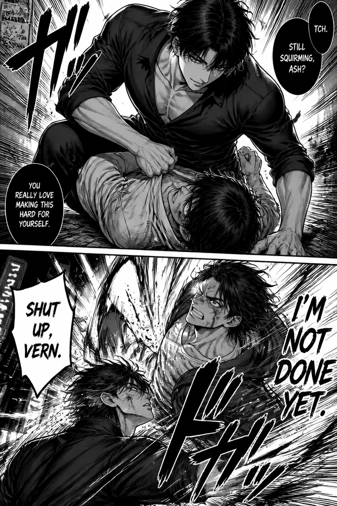 Ash(bottom) Vern(top) a story about ash and vern, vern is a tall topping man he is muscular but lean and ash is slightly shorter than vern and slightly less muscular than vern, the setting is in japan modern day