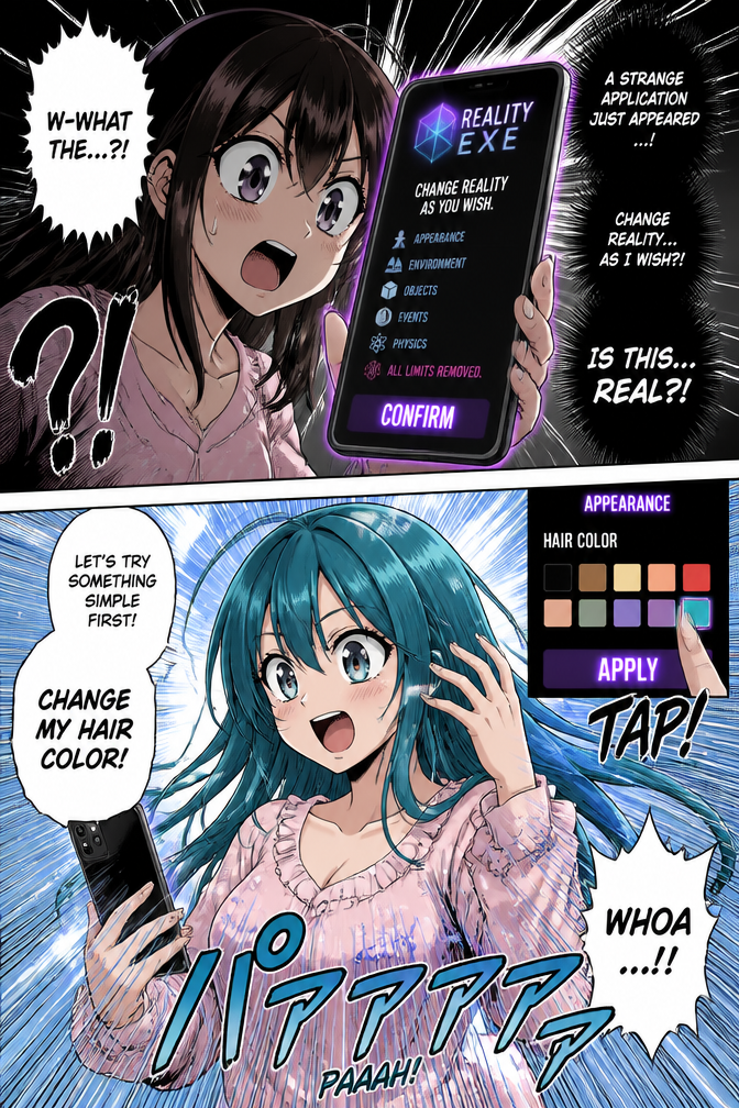A young petite gril founds that a strange application has appeared in his phone, this app lets her change the reality however she wants, to try it she changes her hair color to a teal blue