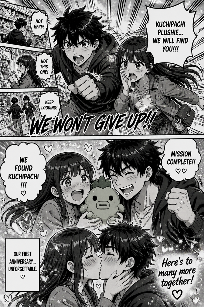 Celebrating their first anniversary, a couple searches for a special tamagotchi plushie of the character kuchipachi. They successfully find the plushie, and celebrate with a kiss.