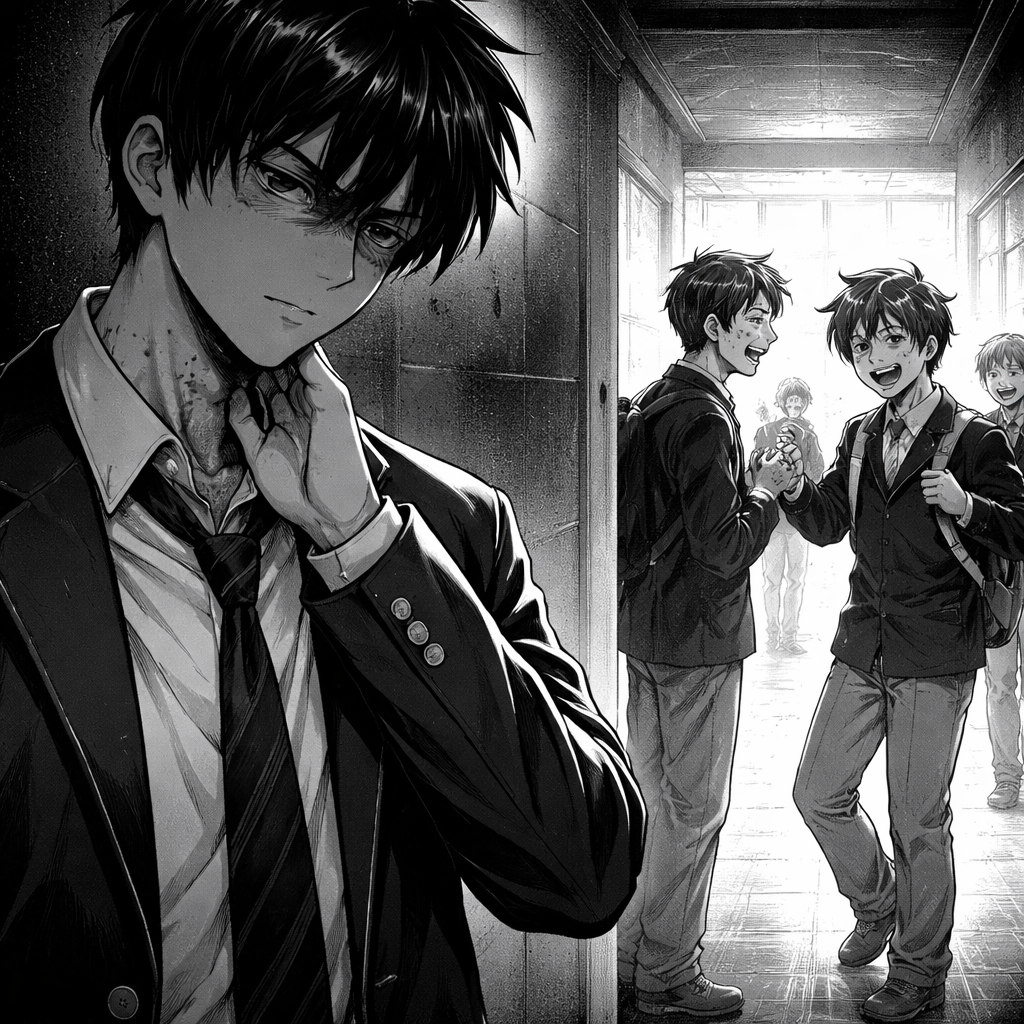 Setting: A high school with a cold, cinematic atmosphere. Character 1 (Rozen Raiden): 17 years old, black hair, sharp eyes, wearing a neat school uniform. He has a stoic, expressionless face like Ayanokoji and is seen scratching his neck nervously, leaving red marks. Character 2 (Eli Raiden): 12 years old, messy hair, bright and energetic expression, wearing a middle school uniform. Scene: Rozen stands in the shadows of a school hallway, watching Eli laugh with friends from a distance. The art style is detailed Seinen manga with heavy use of shadows and dramatic lighting to show Rozen’s isolation.