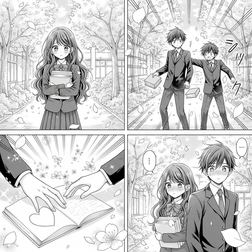**Panel 1:**
Shy girl with long hair holding books walking under cherry blossom trees at school

**Panel 2:**
Girl bumps into tall boy with dark hair, books falling, pink petals floating around them

**Panel 3:**
Close-up of their hands touching while reaching for the same book on the ground

**Panel 4:**
Both standing and blushing while looking away from each other, cherry blossoms falling