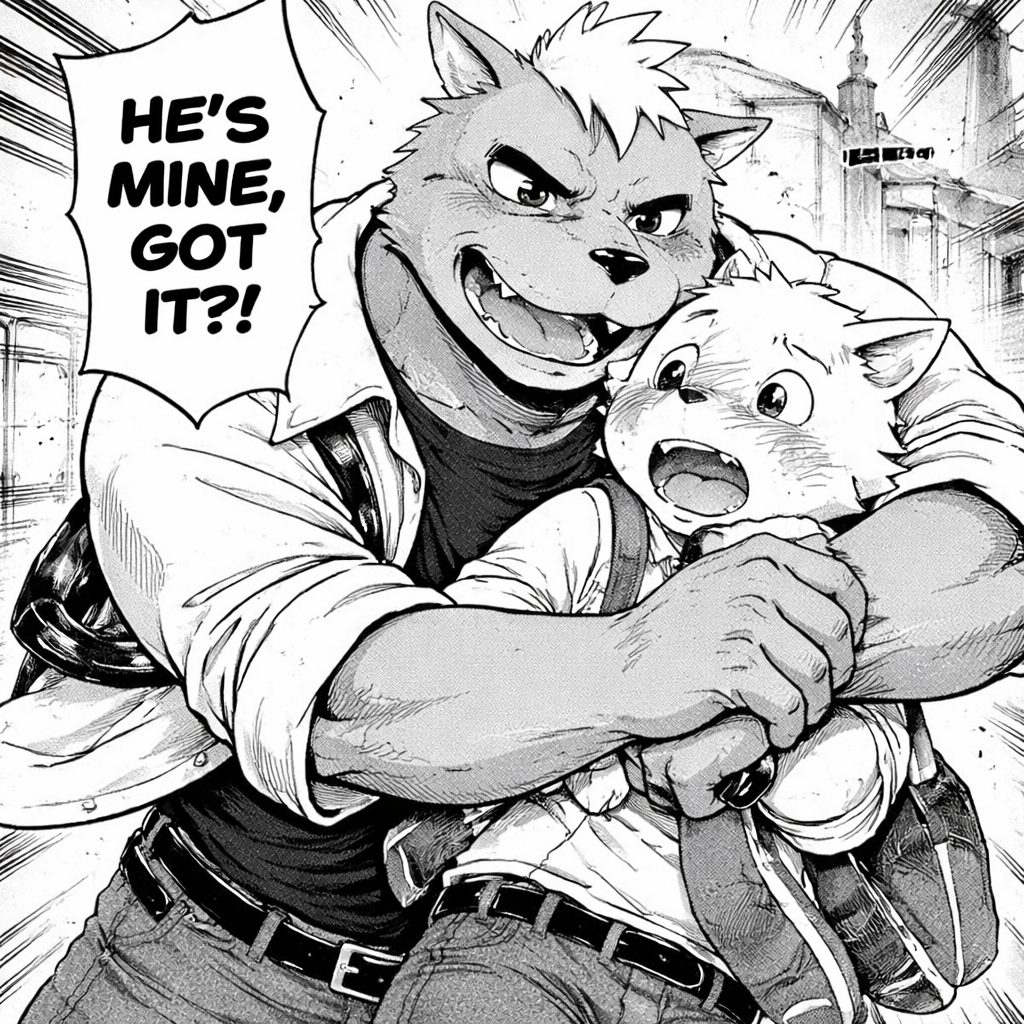 the big guy who is clearly strong and playful is a school bully and he obviously loves the small one who is new to this school and very shy and introverted, crybaby, the big guy loves to tease and hug the small one to show affection but in a strong manly way but somehow romantic and loves to walk around the school with the small one to make sure this small guy know that he is his boyfriend not just a normal friend of his