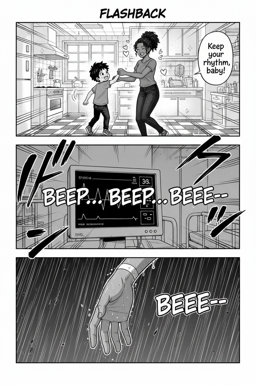 PAGE 2 — FLASHBACK (3 PANELS)
Panel 1:
Bright kitchen. Young Jay (5 years old) dancing with his mom.
Mom (laughing): “Keep your rhythm, baby!”
Panel 2:
Hospital room. Beeping monitor.
SFX: BEEP… BEEP… BEEEE—
Panel 3:
Her hand goes limp.
Rain transitions back to present.