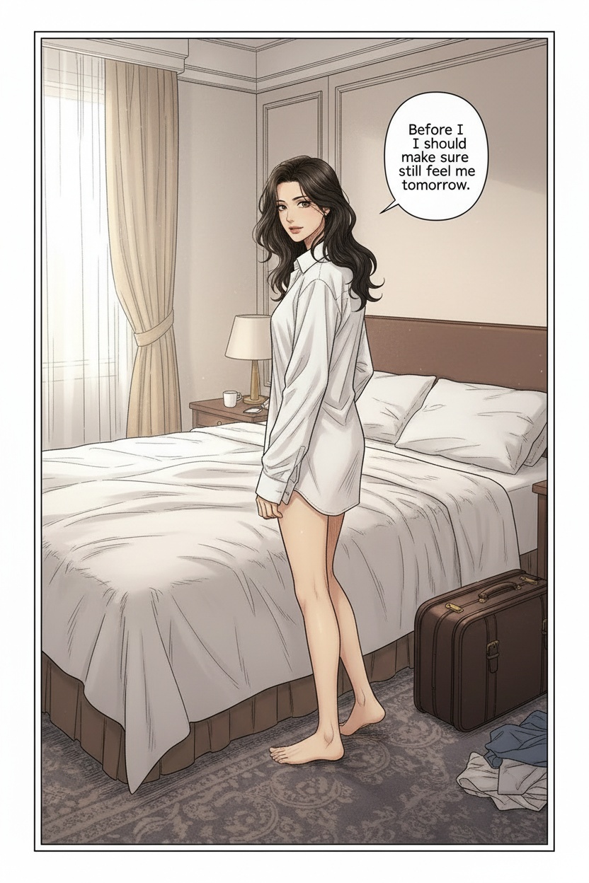 ONE SINGLE PANEL
Quiet Sunday morning hotel room just before departure.
Soft grey daylight spills through partially open curtains onto tangled sheets and an open suitcase near the door.
Sandrine stands alone barefoot beside the bed in an oversized white shirt, one hand resting lightly on the suitcase handle as though she is almost ready to leave.
Her dark hair is still slightly messy from sleep and the long weekend together.
She pauses before walking away, turning back toward the viewer with calm affection and quiet possessiveness.
One bare foot presses softly into the carpet while her expression reveals she is already imagining the effect her final touch will leave behind.
The atmosphere feels intimate, emotionally suspended, psychologically consuming, and deeply private.
NO explicit violence
NO explicit anatomy
NO graphic sexuality
ONE speech bubble only. She says:
“Before I leave, I should make sure you’ll still feel me tomorrow.”