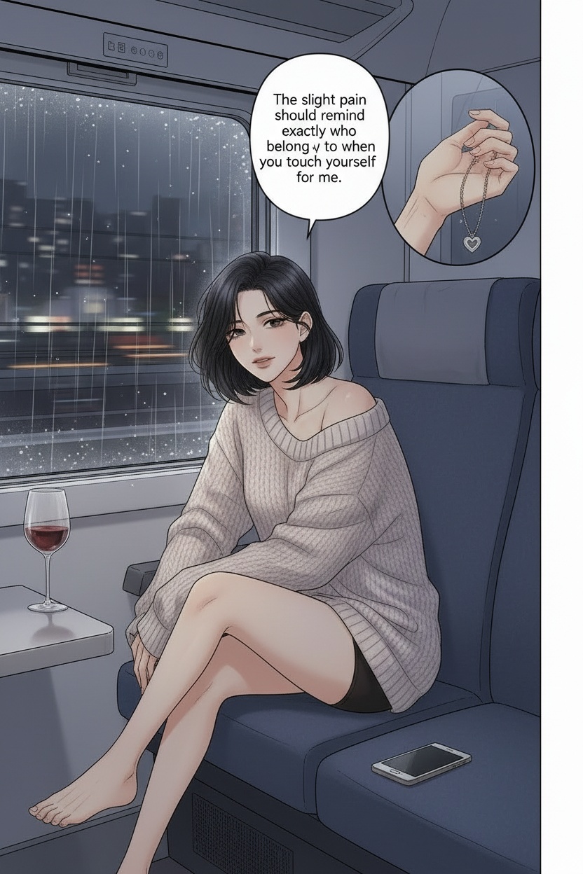 ONE SINGLE PANEL
Quiet late-night train compartment returning home after the weekend.
Rain slides slowly across the dark window while distant city lights blur past outside.
Sandrine sits alone curled into the corner of the seat barefoot in an oversized cashmere sweater, short dark bob slightly tousled from travel.
A glass of red wine rests beside her phone while she looks toward the viewer with calm certainty and quiet fascination.
The atmosphere feels emotionally suspended between distance, longing, and continued possession.
NO explicit violence
NO explicit anatomy
NO graphic sexuality
ONE speech bubble only. She says:
“The slight pain should remind you exactly who you belong to when you touch yourself for me.”