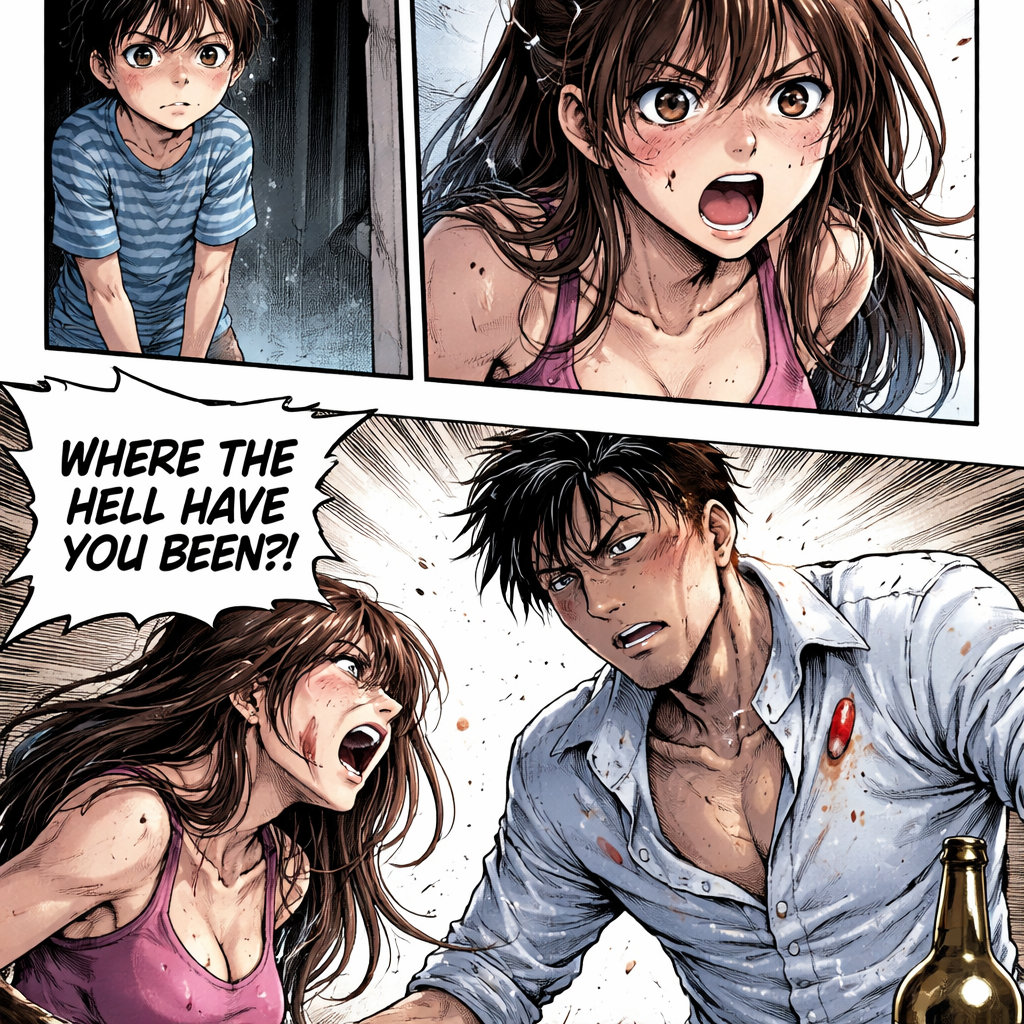 Caption: “Seven years later… the love was gone.”
Steven is now a quiet 7-year-old boy with Caption: “Seven years later… the love was gone.”
Steven is now a quiet 7-year-old boy with wide eyes. His mother, still beautiful but bruised and tired, screams at her husband who stumbles in at 3 a.m., shirt unbuttoned, lipstick on his collar, smelling of whiskey and cheap perfume. Empty bottles on the table.