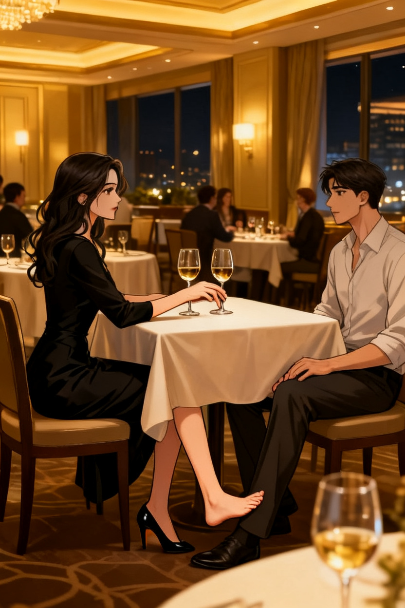 ONE SINGLE PANEL
Quiet hotel restaurant late at night.
Soft golden lighting, wine glasses half full, muted conversations around them.
Sandrine sits elegantly at the table in a black dress, one heel slipped off beneath the tablecloth.
She looks completely composed while discussing work calmly.
Beneath the table, her bare foot presses slowly and deliberately in the man’s lap while she lightly touches the stem of her wine glass.
He struggles visibly to maintain composure while listening to her speak.
She watches his reaction for only a fraction of a second before returning to the conversation naturally.