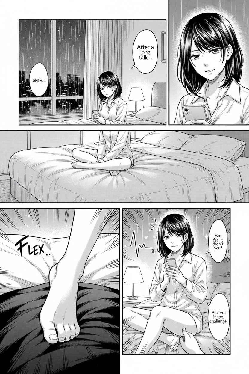 ONE SINGLE PANEL
Quiet rainy evening hotel room.
Soft amber bedside light reflecting against the window while distant city lights blur in the rain outside.
Sandrine sits comfortably cross-legged near the center of the bed in an oversized white shirt, relaxed after a long conversation.
One bare foot extends slowly toward the camera, resting lightly against the viewer’s chest as though testing his reaction.
Her toes flex absentmindedly against the fabric of his shirt.
She watches him carefully over the edge of her phone with a calm, faintly amused expression — fully aware of the immediate effect she has on him.
The atmosphere feels intimate, teasing, emotionally close, and psychologically charged rather than overtly sexual.
NO explicit sexuality
NO nudity
NO explicit anatomy
NO fetish exaggeration