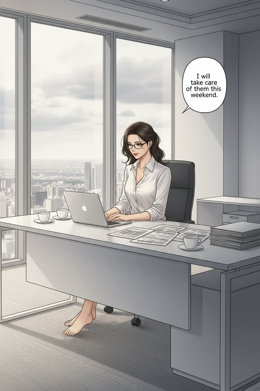 ONE SINGLE PANEL
Late afternoon corporate office.
Soft grey daylight filters through large windows overlooking the city while quiet office sounds fade into the background.
Sandrine sits alone behind her laptop at a modern desk, elegant white blouse slightly unbuttoned at the collar after a long workday.
Her dark hair is loosely tied back, glasses resting low on her nose as she types calmly on her keyboard.
One bare foot has slipped free from her heel beneath the desk, toes flexing absentmindedly against the carpet while she rereads the message on her screen with faint private amusement.
Spreadsheets, meeting notes, and coffee cups surround her, but her attention has clearly drifted elsewhere for a moment.
The contrast between professional composure and intimate intent makes the scene quietly overwhelming.
The atmosphere feels intelligent, intimate, psychologically charged, and deeply private despite the office setting.
NO explicit violence
NO explicit anatomy
NO graphic sexuality
ONE speech bubble only. She says:
“I will take due care of them this weekend.”