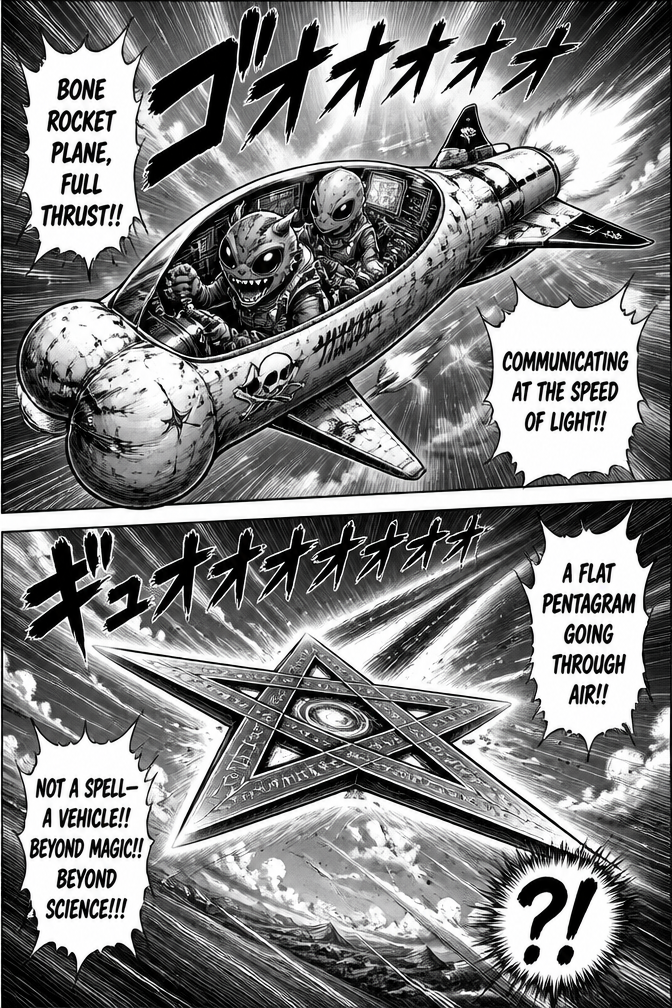 Bone shaped rocket plane driven by space creatures. Communicates at the speed of light. A flat pentagram going through air.