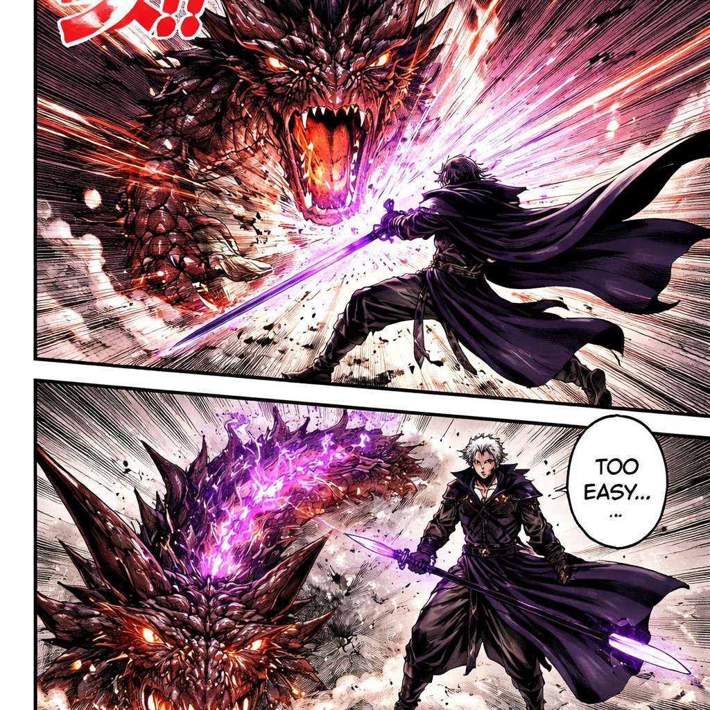 A man in a robe with a purple sword who fought a big dragon and the dragon lost