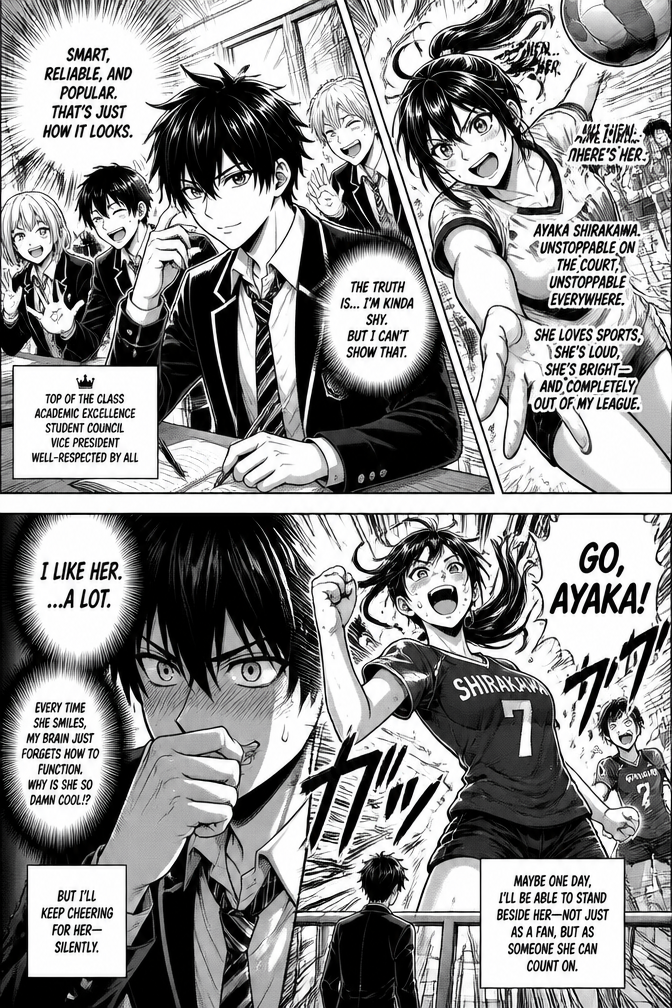 a guy that is smart and have alot of friends but he is kinda shy but doesn't show it to people have a crush on a not shy girl that loves sport in school