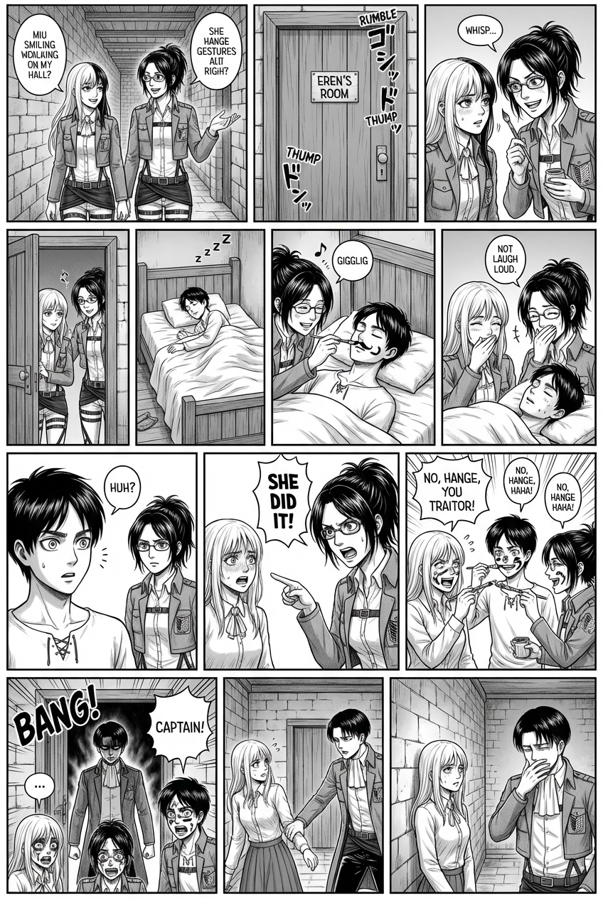 Miu has two-tone long hair, one side white and the other black. Hange has brown hair in a ponytail and Hange have glass. Eren has short brown hair and Levi has short black hair.
Miu and Hange are walking down the hall and talking. They hear a commotion coming from Eren's room and decide to paint him. They open his door. They sit on Eren's bed and paint Eren's face. Miu and Hange laugh.
Hange suddenly sees Eren waking up and decides to paint himself too. Miu stares at Hange nervously.Because Hange Betrayed Miu When Eren wakes up, he looks surprised. Hange points at Miu and Eren catches Miu and Hange paints Miu.even though Miu protests
They laugh so hard that Levi bursts into the room with his typical angry expression and starts muttering something. Miu looks at Levi nervously and tries to smile. And say nervously ,,ehhh." Levi looks away and starts laughing in room. Then he grabs Miu's hand and pulls Levis room. When they are alone, Miu watches him nervously. And Levi laughs at her.