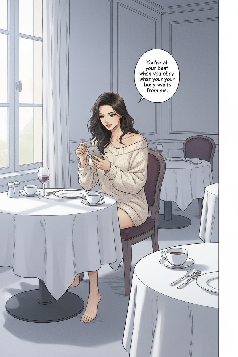 ONE SINGLE PANEL
Quiet hotel breakfast room very early in the morning.
Soft grey daylight spills across white tablecloths and untouched coffee cups.
Sandrine sits alone near the window barefoot beneath the table, oversized cream sweater slipping softly from one shoulder.
She calmly stirs her coffee while reading messages on her phone, expression composed and quietly satisfied.
One bare foot presses absently against the chair leg beneath the table as though replaying private thoughts.
The atmosphere feels intimate, intelligent, and psychologically consuming despite the ordinary setting.
NO explicit violence
NO explicit anatomy
NO graphic sexuality
ONE speech bubble only. She says:
“You’re at your best when you obey what your body wants from me.”