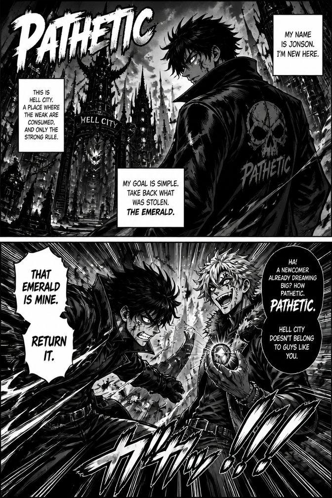 bikin kan aku manga yang berjudul pathetic and the story is there is a man named Jonson and he is a new person in the city of hell. and Jonson's goal in coming to this city is to take the emerald that was stolen by a thief