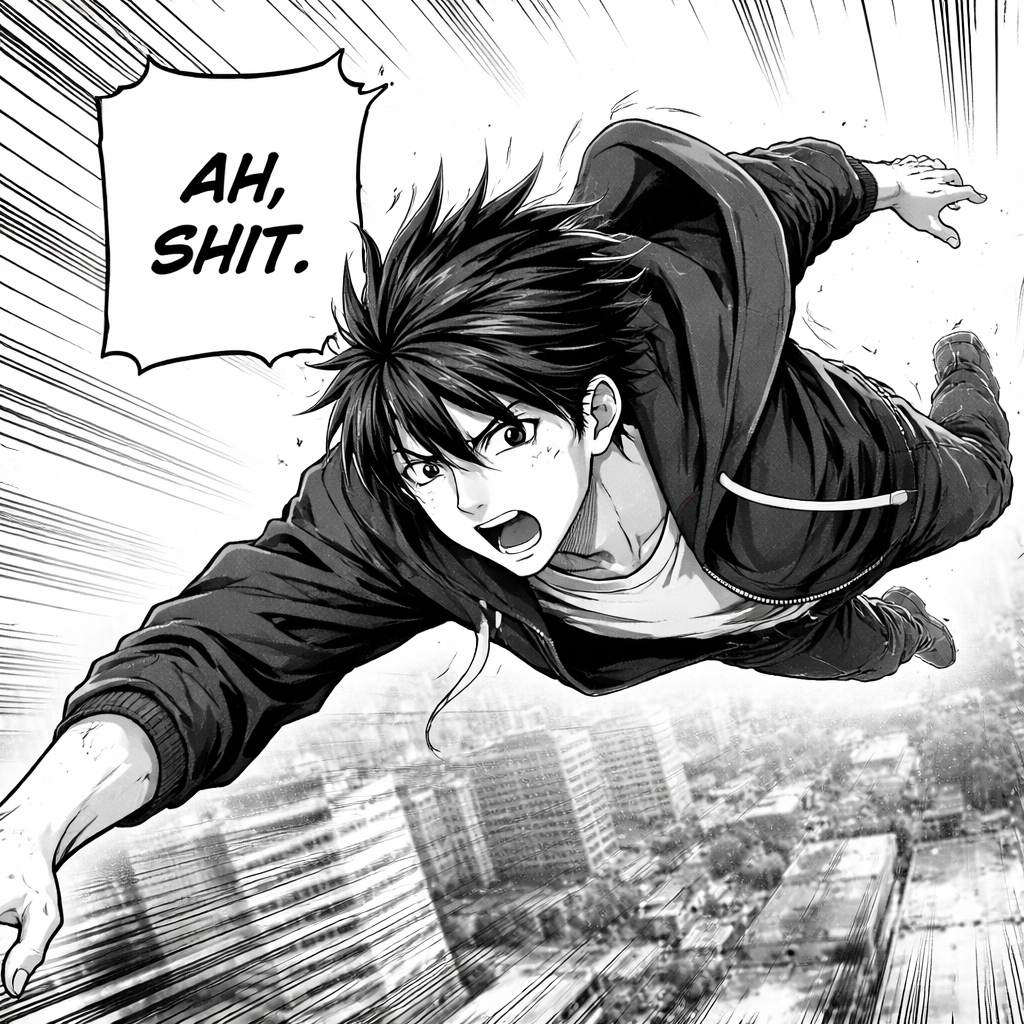 Black and white manga-style illustration of a young male character falling forward from a tall building, body positioned almost horizontally, not vertical. The character is leaning forward mid-air, as if being thrown off balance, with one arm stretched forward and the other trailing behind, legs angled backward. Camera angle is side view / three-quarter view, positioned parallel to the character, not top-down. His hair flows backward due to air resistance, eyes wide in shock, mouth open. The cityscape appears far below and slightly blurred to emphasize height and motion. Strong speed lines flowing backward only. Clean monochrome manga lineart, dramatic perspective. A white speech bubble near his head contains the text: “Ah, Shit.”
Negative prompt: vertical falling pose, skydiving pose, spread arms, T-pose, front-facing fall, top-down camera, floating pose, superhero landing, arms fully extended sideways