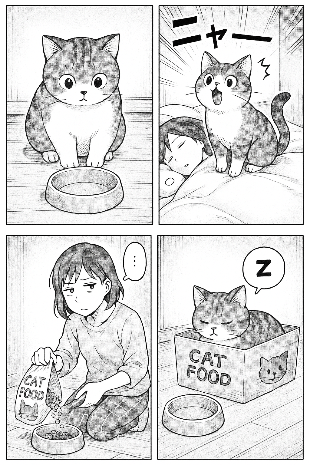"Hungry Cat"
Panel 1:
Cat stares at empty food bowl.
Panel 2:
Cat meows loudly at sleeping owner in bed.
Panel 3:
Owner fills the food bowl, looking sleepy and annoyed.
Panel 4:
Cat ignores the food and sleeps in the empty box the cat food came in.