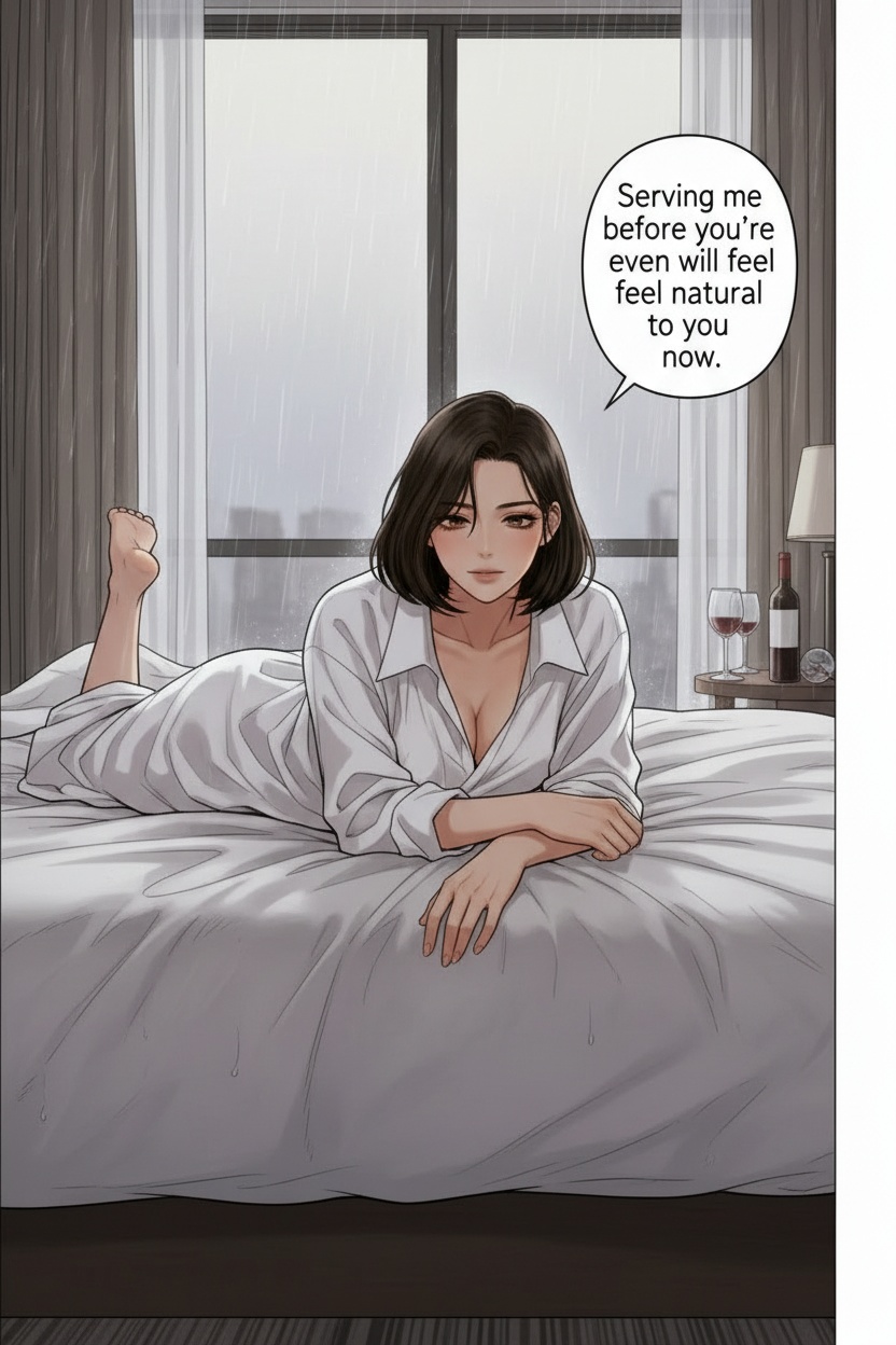 ONE SINGLE PANEL
Quiet rainy morning hotel room.
Soft grey daylight reflects across rumpled sheets and abandoned wine glasses from the night before.
Sandrine lies alone on her stomach near the center of the bed in an oversized white shirt, obviously barefoot beneath the blankets.
Her short dark bob falls loosely across one cheek while she looks directly toward the viewer with sleepy affection and quiet authority.
One bare foot slowly emerges from beneath the sheets near the edge of the mattress.
The atmosphere feels ritualistic, intimate, emotionally consuming, and deeply private.
NO explicit anatomy
NO explicit sexuality
NO graphic nudity
ONE speech bubble only. She says:
“Serving me before you’re even fully awake will feel natural to you now.”