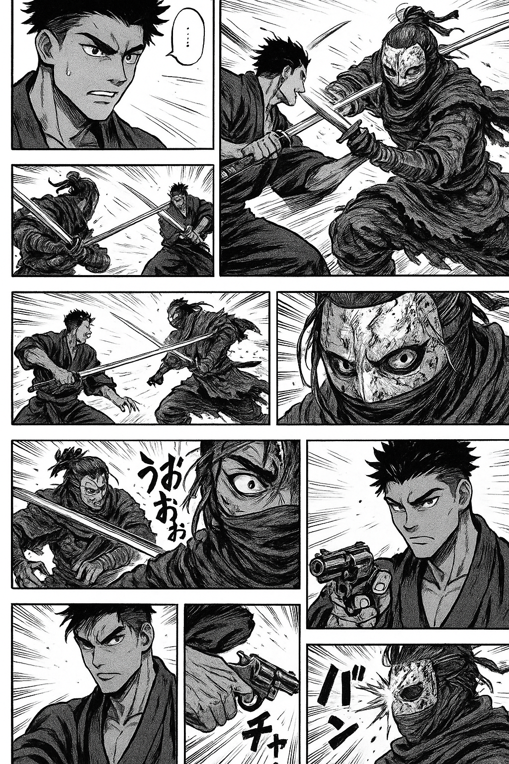 The two characters engage in a sword/katana fight. One of them shoots the other in the head with a gun.