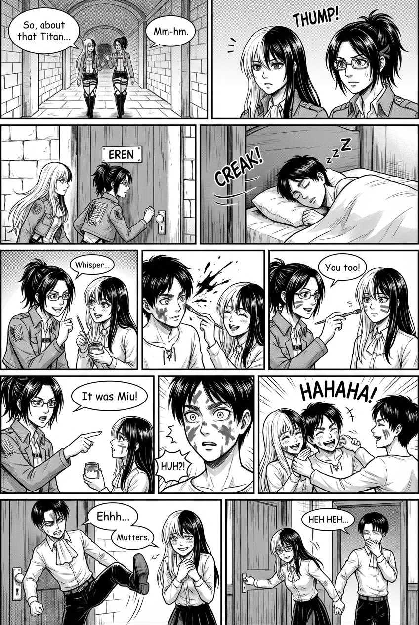 Miu has two-tone long hair, one side white and the other black. Hange has brown hair in a ponytail and Hange have glass. Eren has short brown hair and Levi has short black hair.exactly as they are in the picture
Miu and Hange are walking down the hall and talking. They hear a commotion coming from Eren's room and decide to paint him. They open his door. They sit on Eren's bed and paint Eren's face. Miu and Hange laugh.
Hange suddenly sees Eren waking up and decides to paint himself too. Miu stares at Hange nervously.Because Hange Betrayed Miu When Eren wakes up, he looks surprised. Hange points at Miu and Eren catches Miu and Hange paints Miu.even though Miu protests
They laugh so hard that Levi bursts into the room with his typical angry expression and starts muttering something. Miu looks at Levi nervously and tries to smile. And say nervously ,,ehhh." Levi looks away and starts laughing in room. Then he grabs Miu's hand and pulls Levis room. When they are alone, Miu watches him nervously. And Levi laughs at her.