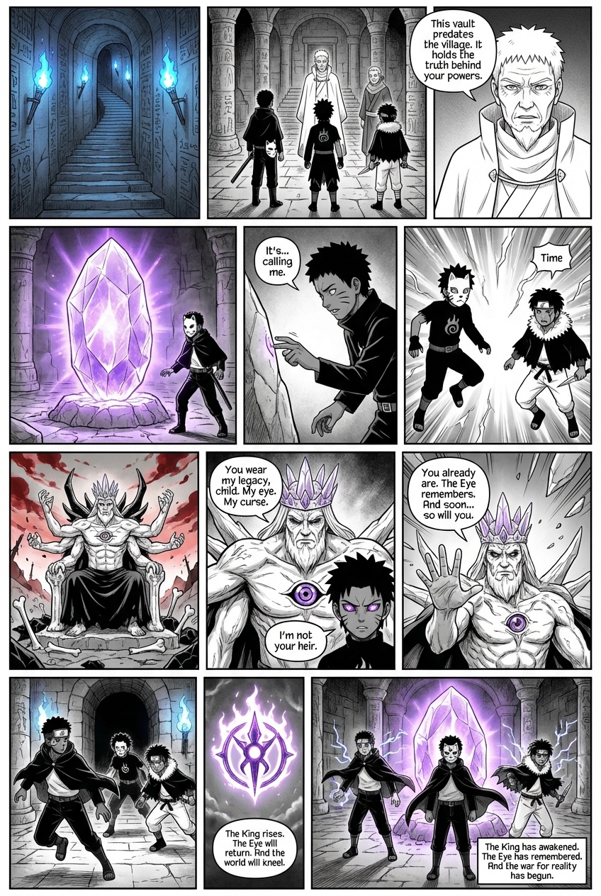 Chapter Intro:
The seal is broken. The Rift stirs. Deep within the void, a presence awakens â ancient and furious. The Riftborn King, long dormant, has opened his eye. As the Hidden Leaf regroups, Team 0 is summoned to a secret chamber beneath the Hokage Tower. There, the truth behind the Hoshigan, Isaiahâs mutation, and the Riftbornâs obsession with their bloodlines is finally revealed.
Scene 1: Descent into Secrets
Interior panel: A spiral staircase winds deep beneath the Hokage Tower. The walls are carved with ancient symbols. Torches flicker with blue flame.
- Shawn: Cloaked in black, his white fox mask with red markings clipped to his belt. His face is calm, with sharp cheekbones and a faint scar beneath his right eye. His 3-Tomoe Hoshigan glows with a fourth mark forming â a black diamond at the center. The obsidian-forged sword rests across his back, humming with gravitational energy.
- Jaden: His long, flowing black hair cascades down his back, tied loosely at the base. He wears a black shinobi robe with a red flame crest on the chest, one sleeve torn to reveal his muscular left arm. His Byakugan is dormant but alert, and his black gloves are worn from battle.
- Isaiah: Towering and broad-shouldered, his dark skin is marked with faint black veins from his mutation. His dreadlocks are tied back, and his jagged fur-lined cloak drapes over a cream-colored combat tunic. A kunai spins slowly in his right hand, his eyes scanning every shadow.
Hokage (gravely):
âThis vault predates the village. It holds the truth behind your powers.â
Kuroda (to Shawn):
âYour eye didnât awaken by chance. It was chosen â by something older than chakra itself.â
Scene 2: The Memory Stone
A massive crystal floats in the center of the chamber, pulsing with violet light. As Shawn steps forward, his Hoshigan reacts â the fourth mark completes with a flash.
Shawn (wincing, voice strained):
âItâs⌠calling me.â
He reaches out. The moment his fingers touch the stone, a surge of energy floods the room. Time freezes. Jaden and Isaiah are suspended mid-step, their expressions locked in concern.
Scene 3: The Riftborn King Revealed
Shawn is pulled into a vision. He stands in a shattered world â skies torn open, stars bleeding. A throne of bone and obsidian looms ahead. Upon it sits the Riftborn King â a towering figure with six arms, a jagged crystal crown, and a massive Hoshigan embedded in his chest.
Riftborn King (voice like thunder):
âYou wear my legacy, child. My eye. My curse.â
Shawn (steady, eyes glowing):
âIâm not your heir.â
Riftborn King:
âYou already are. The Eye remembers. And soon⌠so will you.â
The King raises a hand. The vision shatters.
Scene 4: The Eye Evolves
Back in the chamber, time resumes. Shawn stumbles back, breathing hard. His Hoshigan now bears a fourth tomoe â a black diamond spinning at the center.
Jaden (rushing forward, long hair flowing):
âShawn! What happened?!â
His Byakugan activates instantly, veins bulging at his temples. He scans Shawnâs chakra network â itâs swirling, unstable, like a storm inside a bottle.
Isaiah (stepping in, dreadlocks swaying):
âYour chakra⌠itâs not yours anymore.â
His mutation pulses in response, black veins glowing faintly beneath his skin.
Shawn (voice low, eyes burning):
âI saw him. The Riftborn King. Heâs coming.â
Scene 5: The Kingâs Herald
The chamber trembles. A Riftborn sigil burns into the air. A voice echoes from the stone.
Riftborn Voice (disembodied):
âThe King rises. The Eye will return. And the world will kneel.â
The sigil vanishes. Silence falls.
Hokage (to Team 0):
âYou three are the last line. If the King crosses over⌠we fall.â
Scene 6: Final Panel
Full-page spread: Team 0 stands before the glowing memory stone.
- Shawn: Cloak fluttering, Hoshigan gleaming with four tomoe. His obsidian blade hums with power.
- Jaden: Long hair flowing, Byakugan fully active, lightning crackling at his fingertips.
- Isaiah: Dreadlocks wild, mutation coiled like a shadow beast behind him, kunai in hand.
Narration box:
The King has awakened.
The Eye has remembered.
And the war for reality has begun.