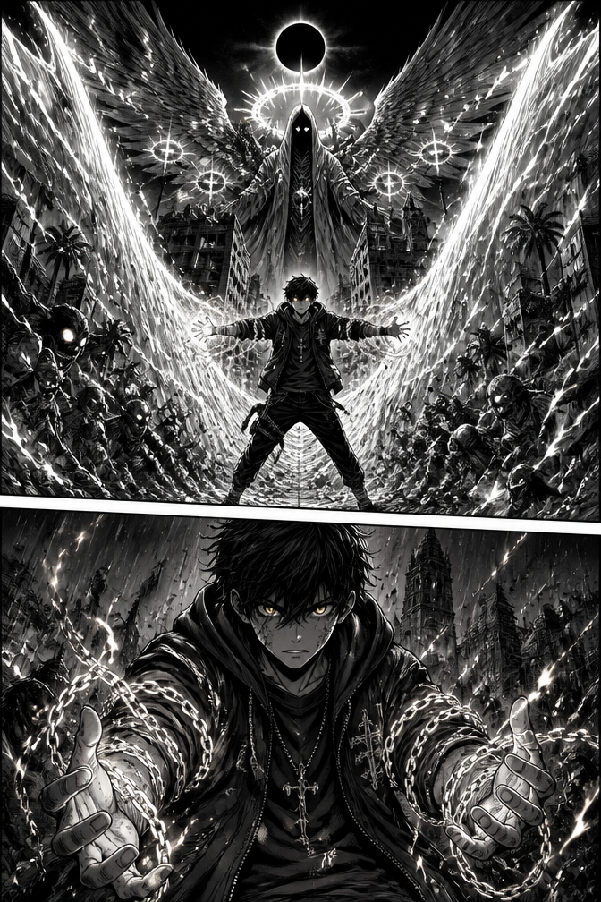 Ultra detailed dark fantasy manga set in modern Brazil, inspired by biblical horror and supernatural warfare, cinematic manga panel, massive destroyed city of Fortaleza Brazil at night, giant glowing crosses in the sky, apocalyptic atmosphere, realistic Brazilian urban streets mixed with angelic ruins, spiritual energy everywhere.
Main character: Elias Monteiro, 17-year-old Brazilian boy, black messy hair, tired eyes, black hoodie, modern streetwear mixed with holy symbols, glowing golden eyes, divine aura, standing while opening a giant spiritual path through the air like Moses dividing the sea. Chains of holy light around his arms. Expression of rage and hope.
Behind him appears a colossal shadowy divine entity inspired by Old Testament angels, enormous wings made of light and fire, floating biblical symbols, giant burning halos, terrifying celestial presence.
Enemies: demonic creatures inspired by fallen angels and biblical monsters, distorted humanoids, black smoke bodies, glowing red eyes, horror aesthetic similar to dark shonen manga.
Style:
ultra detailed manga art
dark seinen/shonen mix
biblical horror
modern Brazil aesthetic
dramatic shadows
cinematic lighting
intense emotional atmosphere
highly detailed line art
dynamic action pose
glowing spiritual energy
destroyed churches and neon lights
rain and ash falling from sky
giant eclipse in background
black and white manga with high contrast
masterpiece composition
anime style similar to Jujutsu Kaisen, Chainsaw Man, Bleach TYBW and Berserk
epic double spread manga panel
Negative prompt:
low quality, blurry, bad anatomy, extra limbs, cartoonish, chibi, low detail, bad hands, bad proportions, watermark, text, logo, ugly face, simple background