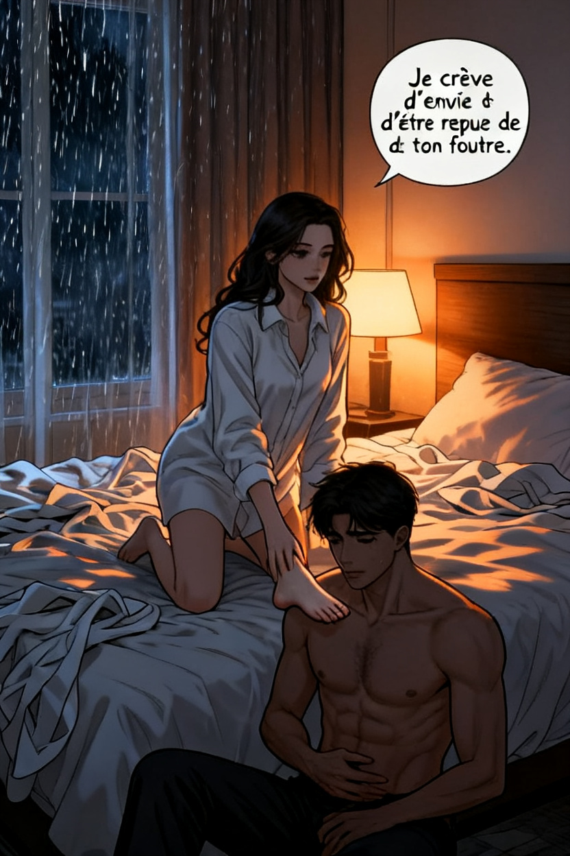 ONE SINGLE PANEL
Late-night hotel bedroom during heavy rain.
Soft amber bedside light casts warm shadows across tangled white sheets while distant city lights glow faintly beyond the curtains.
Sandrine kneels comfortably near the center of the bed in an oversized white shirt, dark hair slightly tousled from intimacy.
One bare foot rests lightly against the man’s lower stomach as he sits lower before her on the mattress, visibly overwhelmed by her attention.
She holds his gaze steadily with calm hunger and complete emotional certainty.
Her expression is affectionate, intensely feminine, and quietly possessive rather than aggressive.
The room feels emotionally suspended — intimate, charged, deeply private.
Warm light softly illuminates her face, bare foot, and the folds of the sheets while the rest fades into shadow.
NO explicit sexuality
NO explicit anatomy
NO graphic fluids
ONE speech bubble only. She says:
“Je crève d’envie d’être repue de ton foutre.”