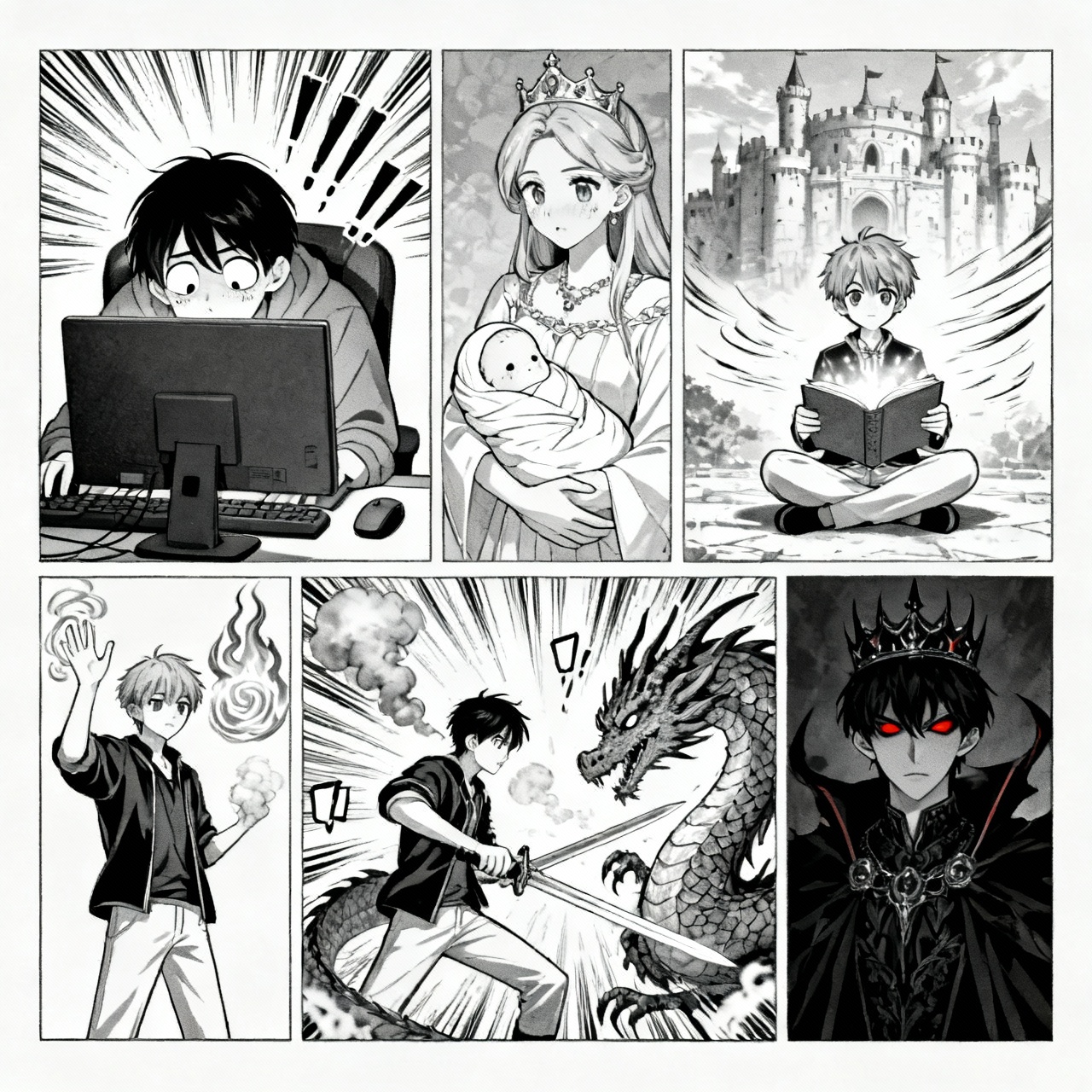 Panel 1:
Gamer at computer dies
Panel 2:
Baby held by queen in castle
Panel 3:
Young prince with magic book
Panel 4:
Prince summoning fire magic
Panel 5:
Prince fighting dragon
Panel 6:
Prince becomes demon king