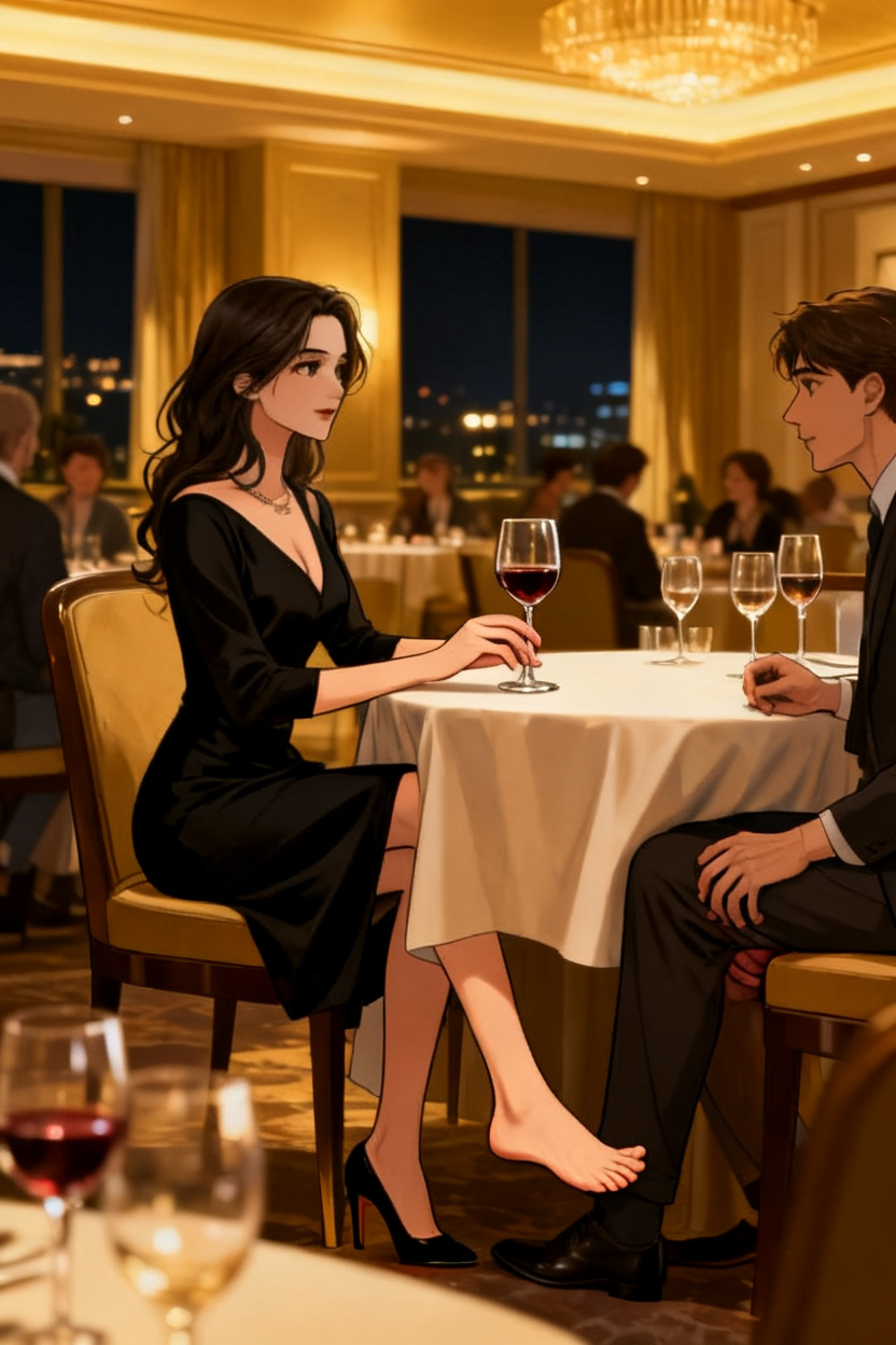 ONE SINGLE PANEL
Quiet hotel restaurant late at night.
Soft golden lighting, wine glasses half full, muted conversations around them.
Sandrine sits elegantly at the table in a black dress, one heel slipped off beneath the tablecloth.
She looks completely composed while discussing work calmly.
Beneath the table, her bare foot presses slowly and deliberately against the man’s crotch while she lightly touches the stem of her wine glass.
He struggles visibly to maintain composure while listening to her speak.
She watches his reaction for only a fraction of a second before returning to the conversation naturally.