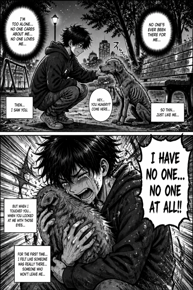 A boy going street with sad experience and thinking he's too alone he have no one who love him and He went to a park while thinking and saw a dog which was very thin and he came near it and started playing with it, then the boy felt that there was someone in his life. And that boy caught hold of that dog and started crying and said, I have no one, no one at all.