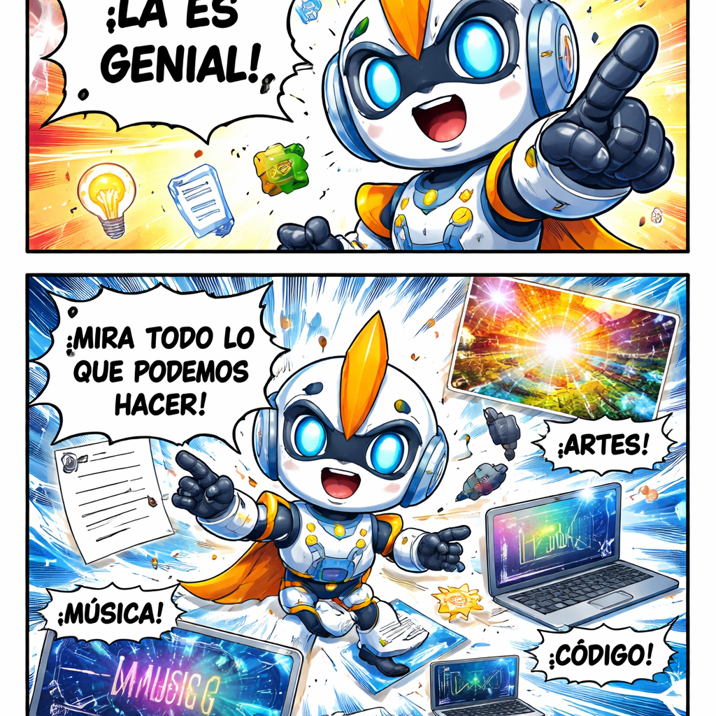 crea un comic donde se explique el buen uso de la IA ,con un robot animado y llamativo que enseñe las herramientas que nos ofrece la ia.