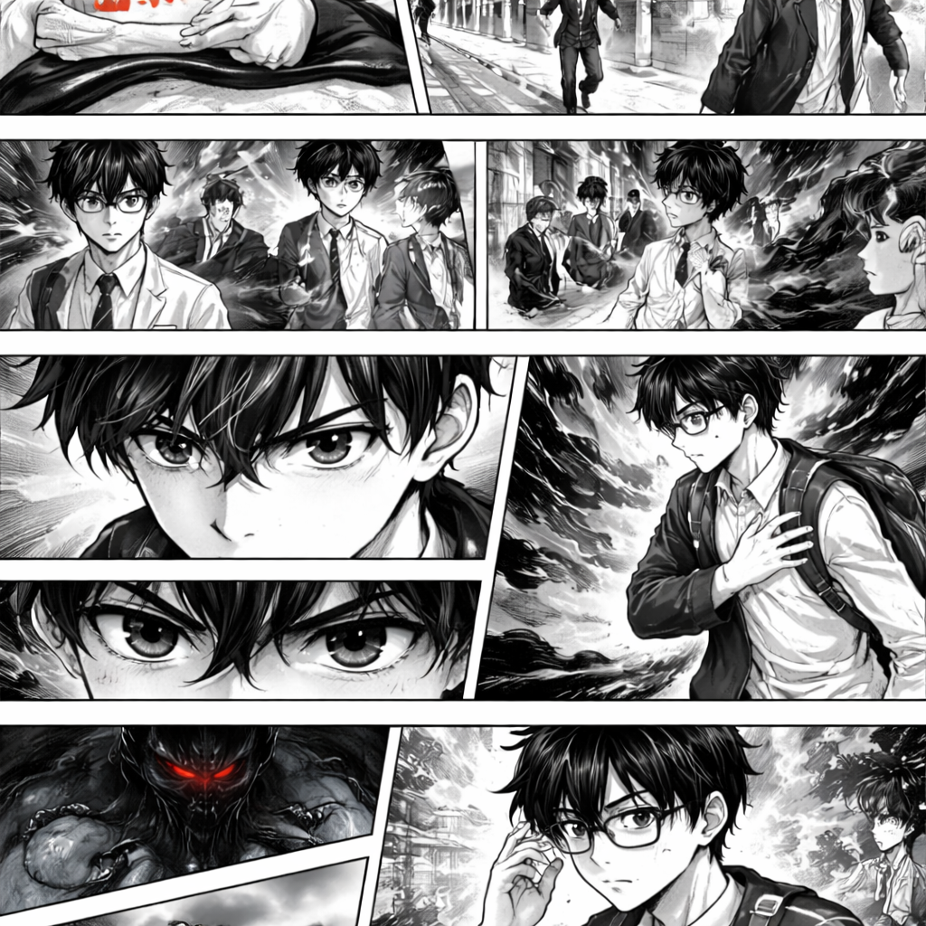 Scene 1 – The Alarm Didn’t Ring
🖼️ Panel Description:
Close-up of a digital alarm clock showing 8:17 AM. Bright red numbers. School starts at 8:30. Morning sunlight blasting through bedroom window.
Ren’s hand suddenly slams down onto the bed as he jolts awake.
🎭 Emotion:
Shock. Rare panic.
🌫️ Lighting:
Bright morning light flooding the room.
📌 Important Detail:
Ren without glasses here. His eyes look sharp and intense without them.
🎬 Scene 2 – Running Through Neighborhood
🖼️ Panel Description:
Wide shot of a quiet Japanese residential street. Houses, power lines, vending machines. Ren sprinting in school uniform, bag bouncing behind him.
His tie slightly loose from rushing.
🎭 Emotion:
Focused but stressed. He hates being late.
🌫️ Lighting:
Crisp bright blue morning sky.
📌 Important Detail:
This should feel energetic and dynamic — motion blur on legs.
🎬 Scene 3 – First Sign of Malice
🖼️ Panel Description:
Ren running past a salaryman standing at a crosswalk. The man looks exhausted, staring blankly ahead.
Around the man’s shoulders floats faint black smoky aura.
Ren turns his head slightly while running.
🎭 Emotion:
Ren – alert, observant.
Salaryman – drained, emotionless.
🌫️ Lighting:
Normal daylight, but the dark aura slightly distorts the air around it.
📌 Important Detail:
The aura should look subtle but unnatural — like smoke that moves against the wind.
🎬 Scene 4 – The Street Feels Wrong
🖼️ Panel Description:
Ren slows down slightly as he runs through a busier intersection.
Multiple people visible now — students, office workers.
Several of them have darker, thicker Malice around them.
Some have it trailing behind them like shadows stretching too long.
🎭 Emotion:
Ren’s expression shifts from annoyed to concerned.
🌫️ Lighting:
Still bright morning, but add faint shadow tones creeping into the corners of the panel.
📌 Important Detail:
This is unusual — normally only a few people have visible Malice. Today, there are many.
This hints something is escalating.
🎬 Scene 5 – Close-Up: His Eyes Notice Everything
🖼️ Panel Description:
Close-up of Ren’s face while running. Wind pushing his hair back.
In his pupils, reflections of dark smoke drifting through the crowd.
🎭 Emotion:
Subtle unease. He realizes something is off.
🌫️ Lighting:
Bright light on face, but reflection in eyes darker.
📌 Important Detail:
No glasses yet — his gaze looks sharper and more serious without them.
🎬 Scene 6 – A Student About to Rupture
🖼️ Panel Description:
A high school boy walking ahead of Ren. He’s clutching his chest slightly, looking irritated.
Thick dark smoke is swirling violently around him — more aggressive than the others.
The smoke twitches like it has claws.
🎭 Emotion:
The boy looks stressed and angry.
Ren looks alarmed.
🌫️ Lighting:
Slight shadow cast over this section of the sidewalk.
📌 Important Detail:
This Malice is unstable — it should look heavier, almost forming shape.
🎬 Scene 7 – The Almost Touch
🖼️ Panel Description:
Ren reaches out while still jogging and lightly bumps into the stressed student’s shoulder.
The moment their shoulders touch—
Black smoke flows rapidly from the student into Ren like it’s being vacuumed.
🎭 Emotion:
Ren winces slightly from the sudden intensity.
The other student looks confused, like a headache just disappeared.
🌫️ Lighting:
Brief dark flash effect around Ren’s chest.
📌 Important Detail:
Inside Ren’s chest area, faint dark swirl appears again — slightly bigger than before.
🎬 Scene 8 – Inside His Mind (Very Brief Flash)
🖼️ Panel Description:
Dark cathedral-like void. Massive chained shadow creature.
A thin stream of smoke falls from above and merges into it.
One chain rattles loudly.
🎭 Emotion:
Oppressive. Watching.
🌫️ Lighting:
Deep black with faint red glow from creature’s eyes.
📌 Important Detail:
This time the creature’s head slightly lifts.
🎬 Scene 9 – School Gates in View
🖼️ Panel Description:
Ren finally sees the school gates in the distance.
Students flooding in.
But above the school building…
A faint dark haze hovering like a storm cloud.
🎭 Emotion:
Ren looks unsettled.
🌫️ Lighting:
Bright morning sky — but the haze above the school subtly darkens that area.
📌 Important Detail:
This is visual foreshadowing. The Malice concentration is strongest at school.
🎬 Scene 10 – He Puts On His Glasses
🖼️ Panel Description:
Close-up of Ren stopping just before entering school grounds.
He pulls his glasses from his pocket and slowly puts them on.
His expression becomes calm again.
🎭 Emotion:
Controlled. Composed. Mask on.
🌫️ Lighting:
Light reflects off lenses dramatically.
📌 Important Detail:
When the glasses settle on his face, the dark haze becomes slightly clearer in his vision — like focusing a lens.
This suggests:
The glasses are a limiter and a focusing tool.