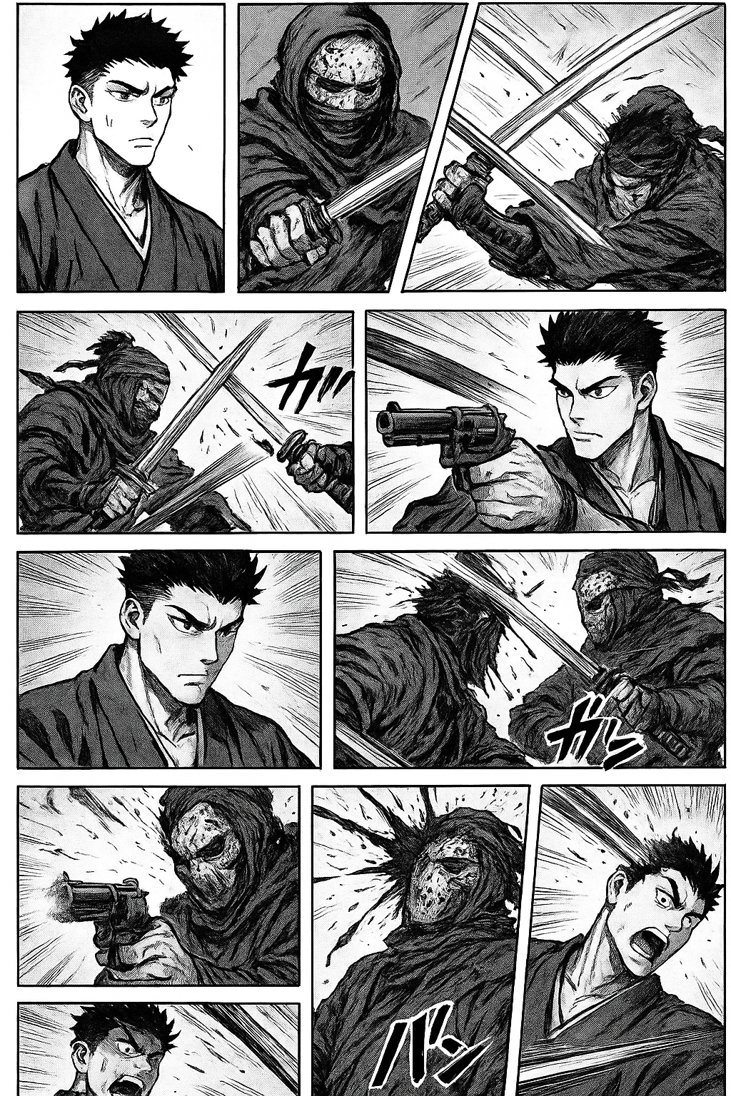 The two characters engage in a sword/katana fight. One of them shoots the other in the head with a gun, and the other beheads the other.