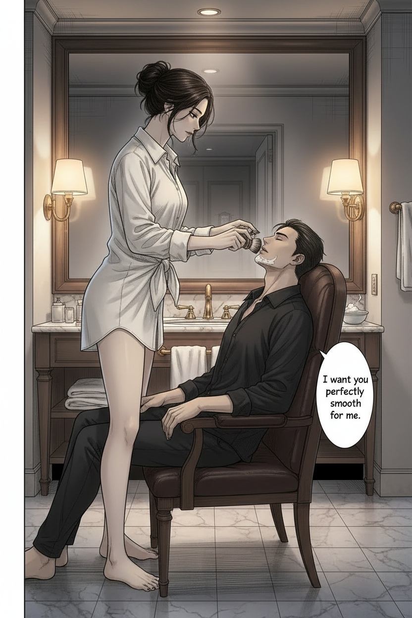 ONE SINGLE PANEL
Quiet elegant hotel bathroom at night.
Warm amber light reflected softly in the mirror, faint city lights visible beyond the doorway to the bedroom.
Sandrine stands calmly beside a seated man in a leather chair, preparing a traditional wet shave with quiet concentration.
She wears an oversized white shirt loosely tied at the waist, sleeves rolled slightly upward, barefoot against the cool tile floor.
The man sits relaxed beneath her attention, head tilted slightly back, dark shirt partly unbuttoned, trusting and completely still.
A shaving brush and straight razor rest beside a bowl of shaving foam on the counter.
Sandrine’s expression is focused, affectionate, quietly authoritative — fully absorbed in the intimate ritual of preparing him carefully.
The atmosphere feels ceremonial, intimate, and emotionally charged rather than overtly sexual.
Subtle implication that she is grooming and preparing him intentionally for her own pleasure later.
Soft reflections in the mirror, cinematic shadows, elegant manga realism.
NO explicit sexuality
NO nudity
NO explicit anatomy
ONE speech bubble only:
“I want you perfectly smooth for me.”